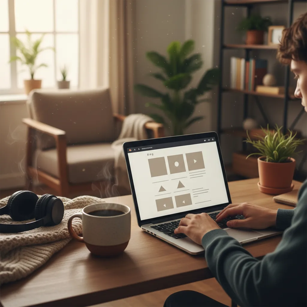 A person typing on a laptop, blog post draft open, surrounded by coffee and headphones, 1:1 aspect ratio