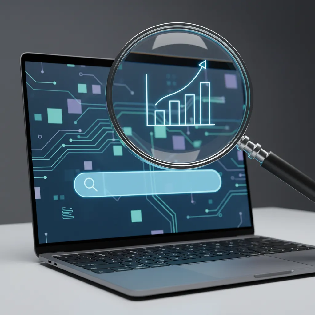 A magnifying glass over a search bar on a laptop screen, SEO analytics visible, 1:1 aspect ratio
