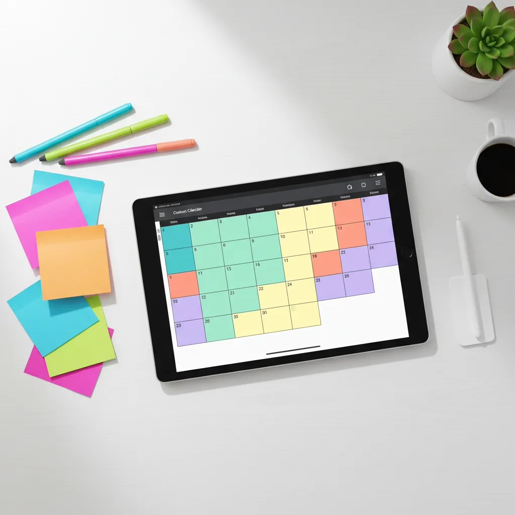 A digital tablet displaying a content calendar, colorful sticky notes and pens nearby, 1:1 aspect ratio