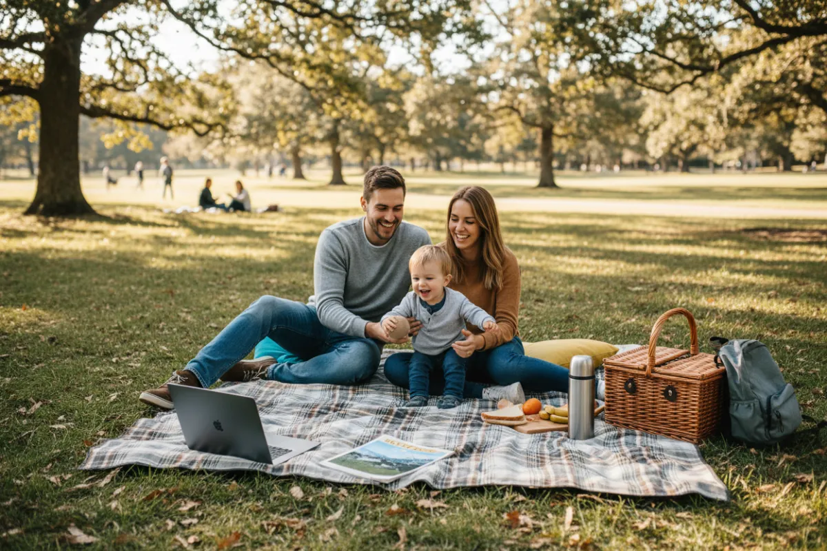 A young family enjoying a picnic in a sunlit park, with a laptop and travel guide on the blanket, joyful and relaxed, 3:2 aspect ratio