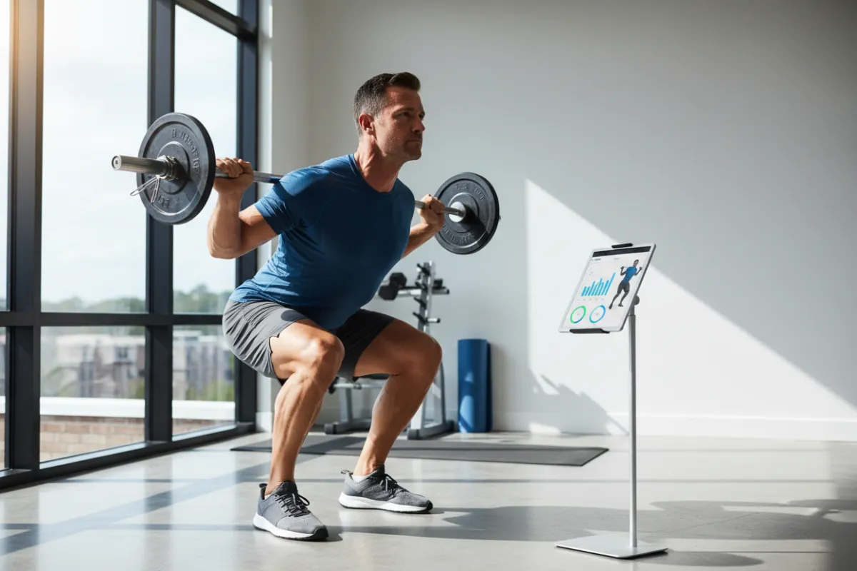 A determined man in his early 40s, mid-rep during a guided strength exercise in a bright, modern home gym, focused expression, wearing athletic wear, sunlight streaming in, app interface visible on a nearby tablet.
