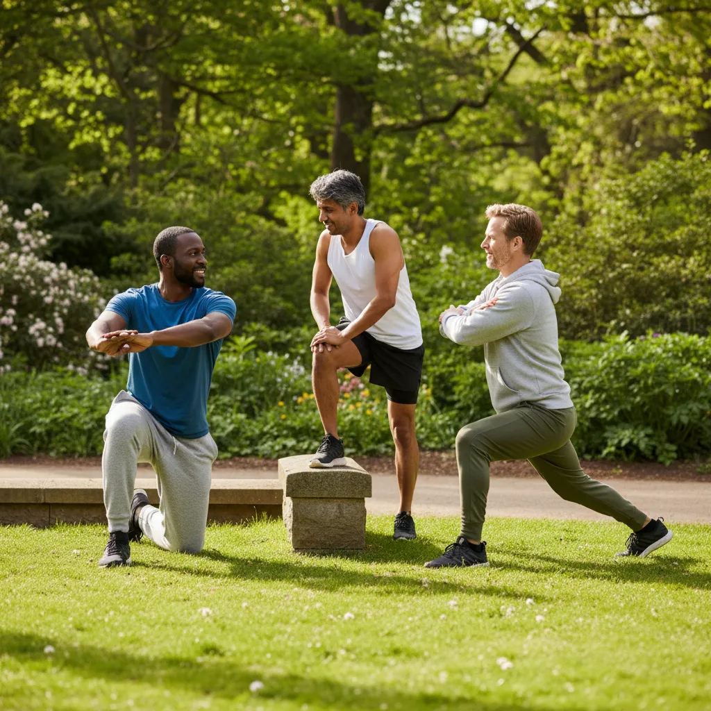 A group of three men, ages 35–55, from diverse backgrounds, performing a dynamic stretching routine together in a sunlit park. Each is at a different stage of recovery, wearing casual athletic wear, with a supportive, encouraging atmosphere and lush greenery in the background.