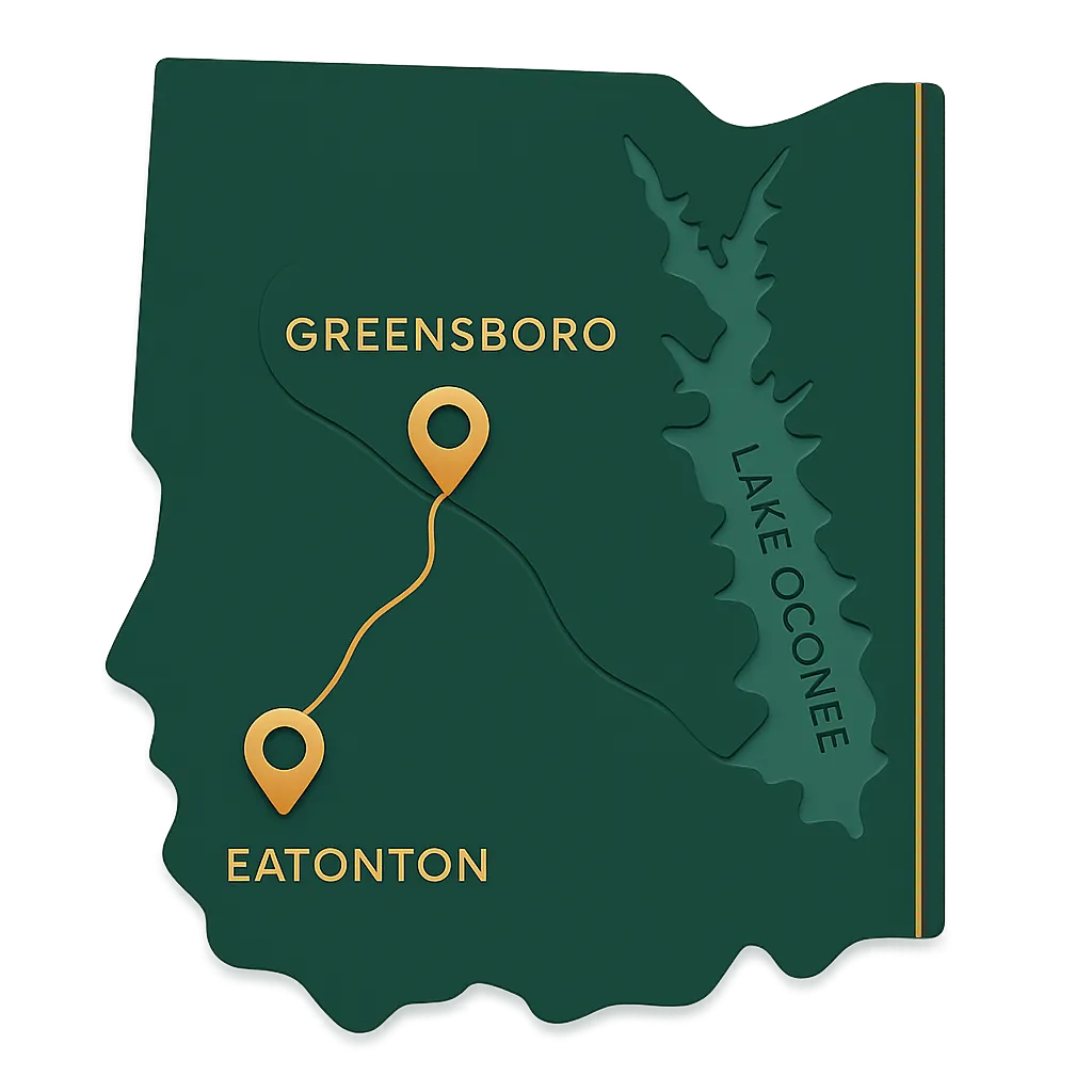 Stylized regional map of Lake Oconee and Greene County Georgia featuring Greensboro and Eatonton with a Locally Owned and Operated badge