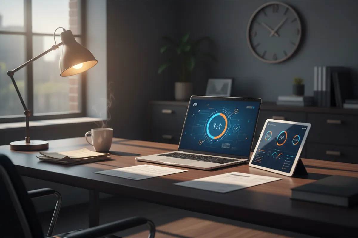 CPA office desk with tax documents and an automated portal on a laptop showing progress nudges.