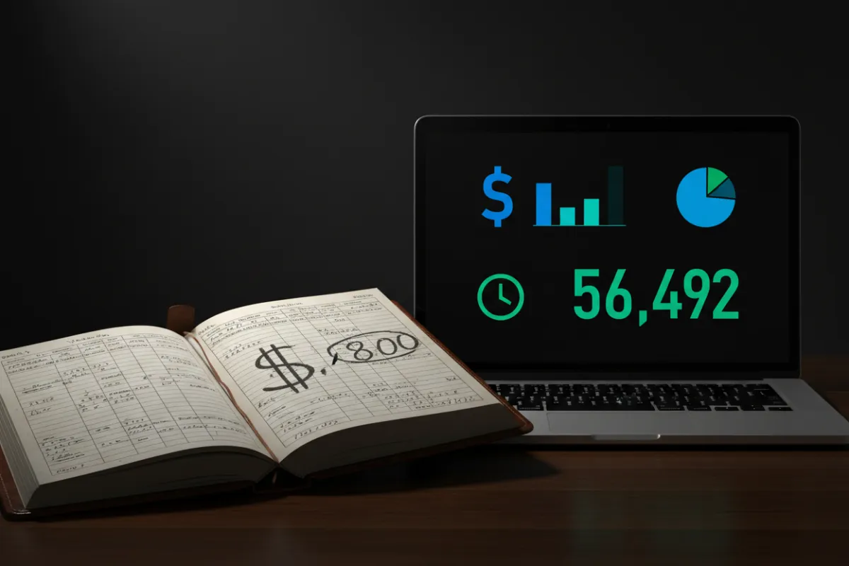 Ledger and laptop showing recovered savings metrics for small business owners