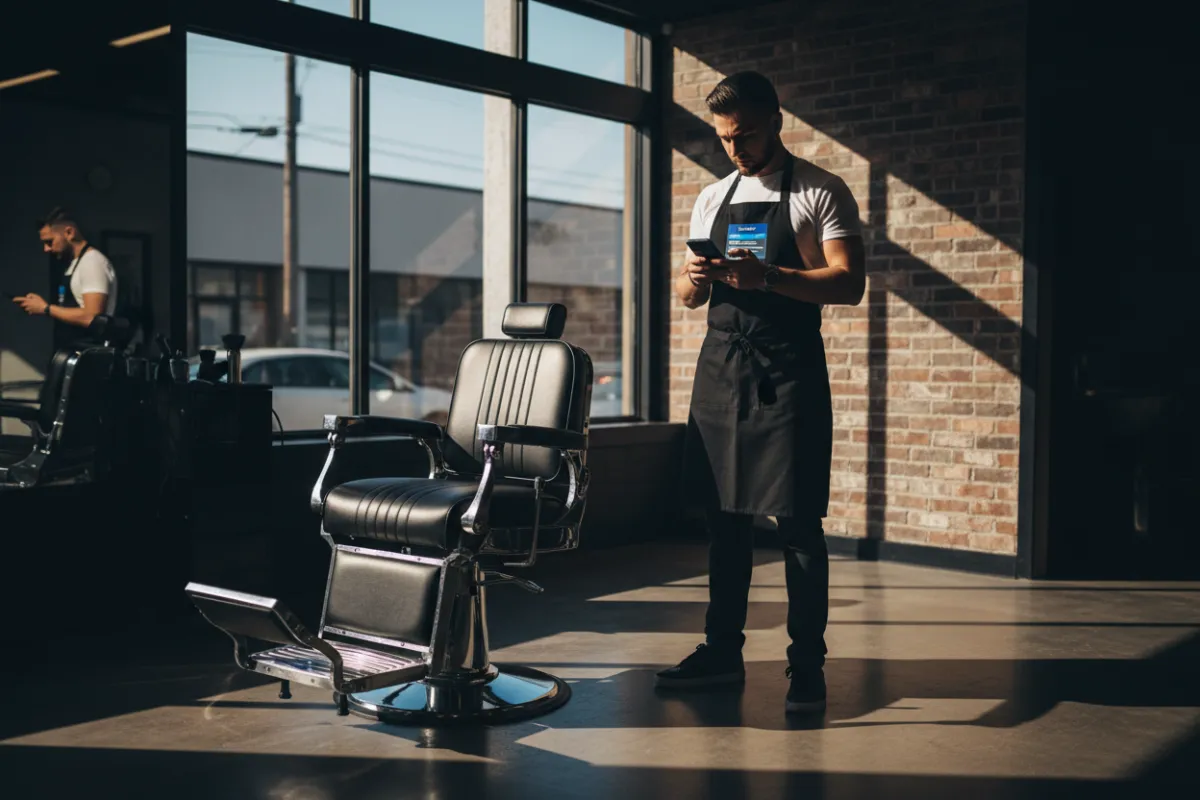 Bright barbershop interior with a stylist checking a mobile waitlist app while an empty chair waits.