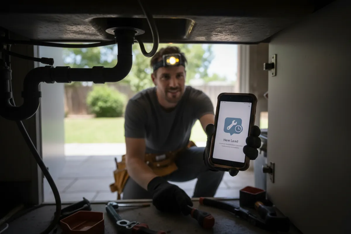 On-site service professional receiving an auto-text lead notification on a rugged phone while working under a sink.
