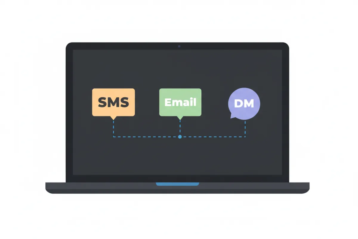 Single timeline interface on a laptop screen with SMS, Email, and DM message bubbles.