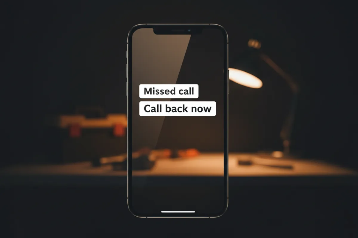 Smartphone receiving an automated 'Missed call' text with a clear call-to-action