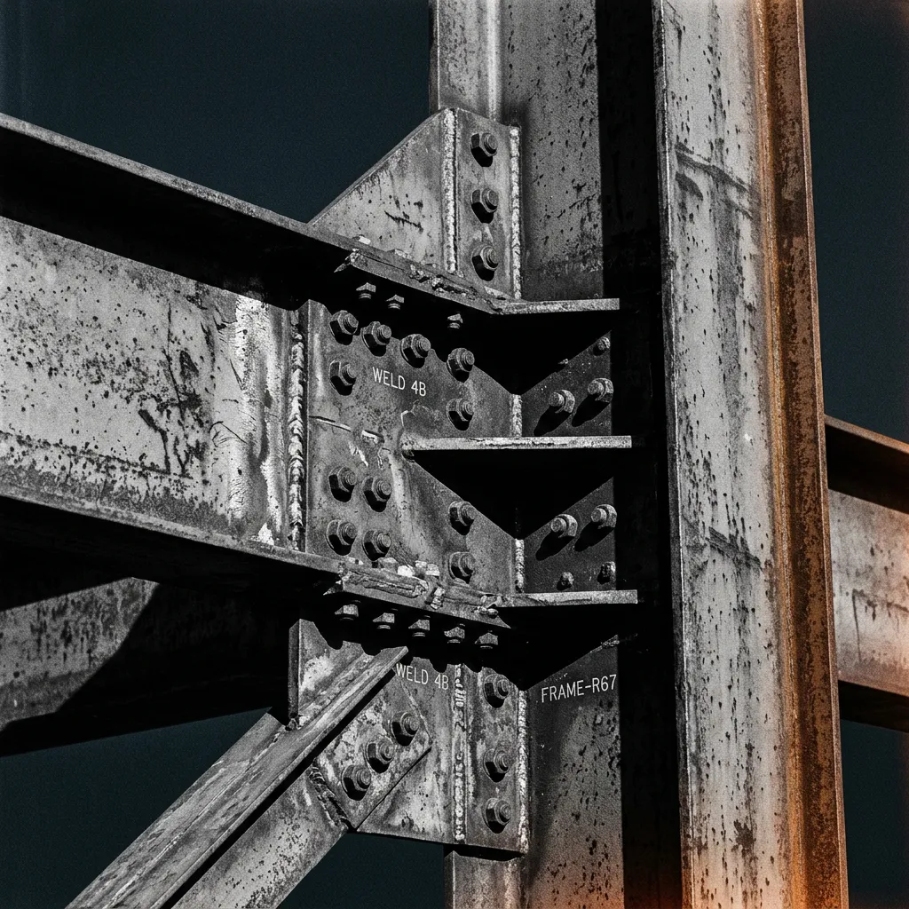 High-contrast black and white architectural steel framework under load