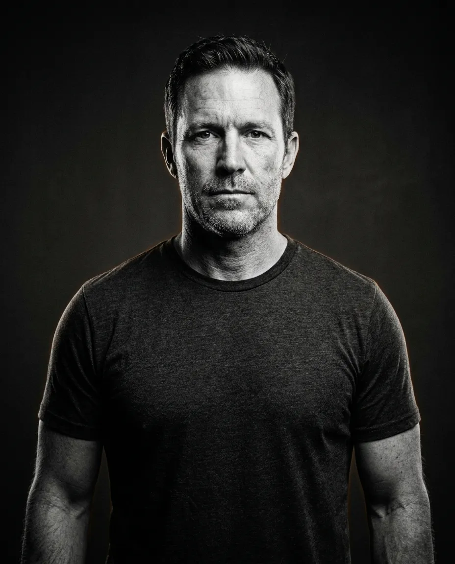Head coach and structural resilience mentor standing with determined focus, high contrast black and white portrait