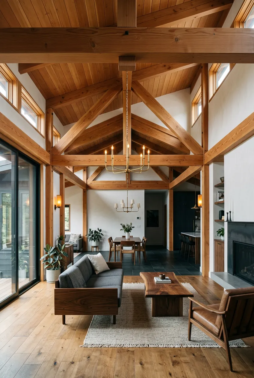 Architectural interior view of a finished custom remodel featuring timber beams and immaculate craftsmanship by Jireh Construction