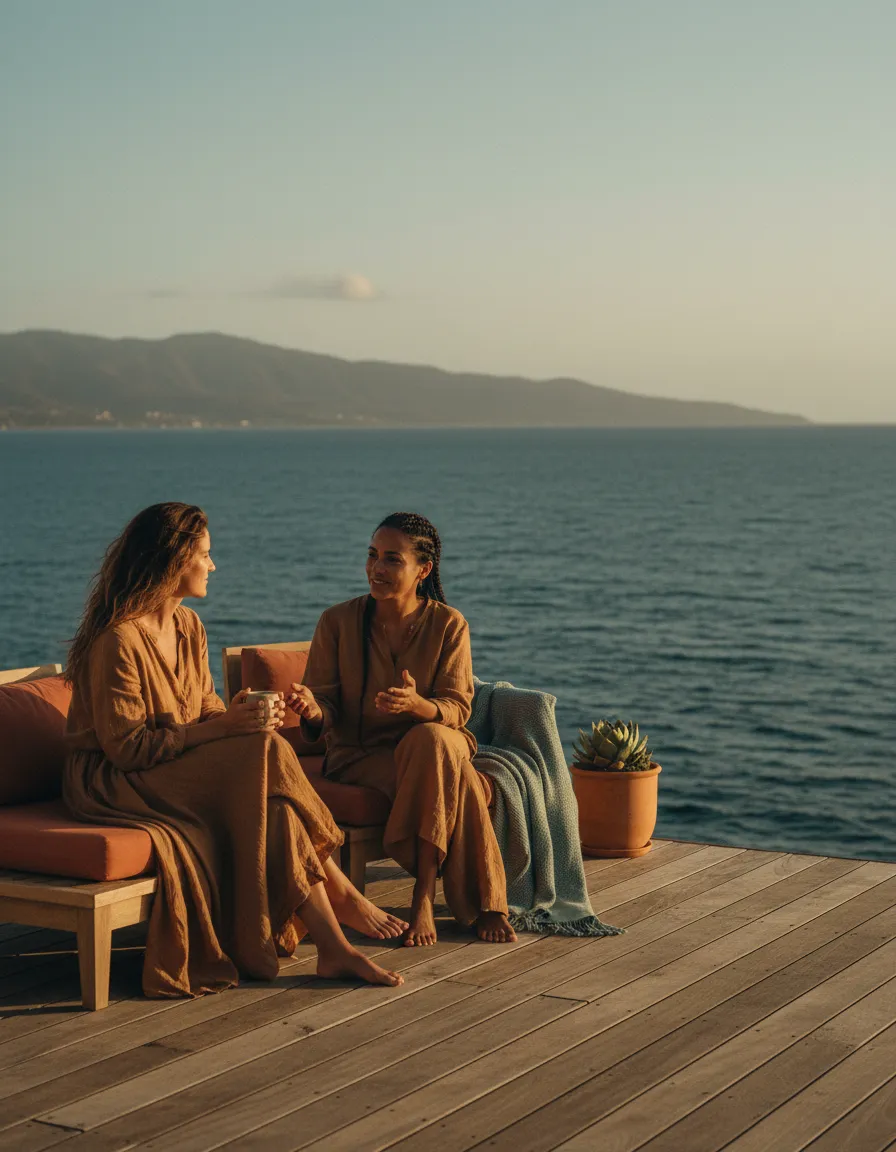 Host sharing a peaceful moment at the retreat