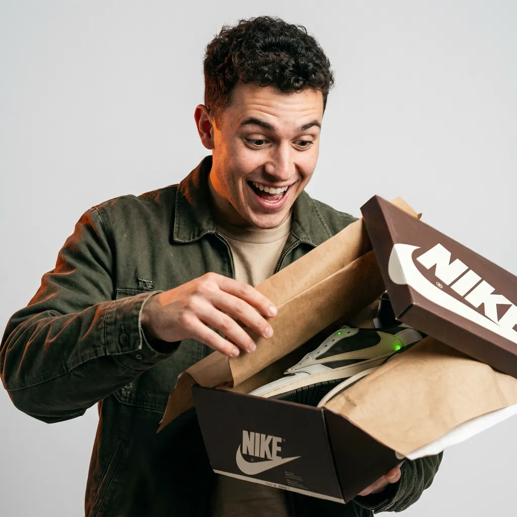Customer portrait unboxing Travis Scott Air Jordan 1