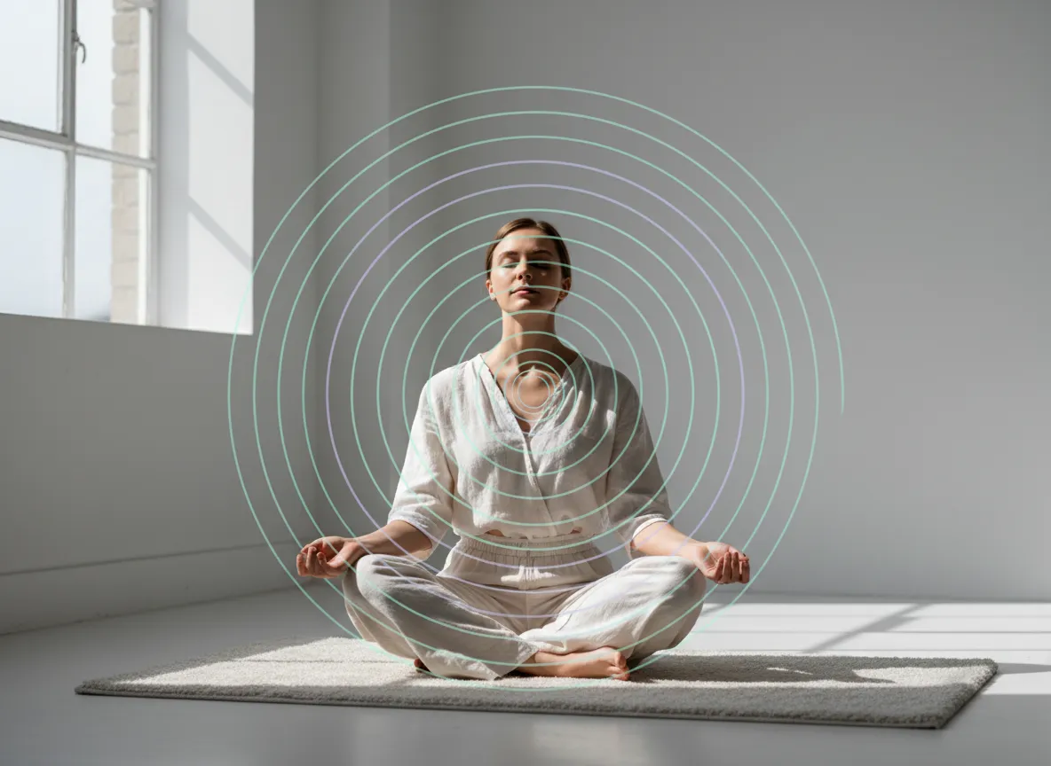 Calm woman with eyes closed, surrounded by soft concentric circles representing trust and balance in the body