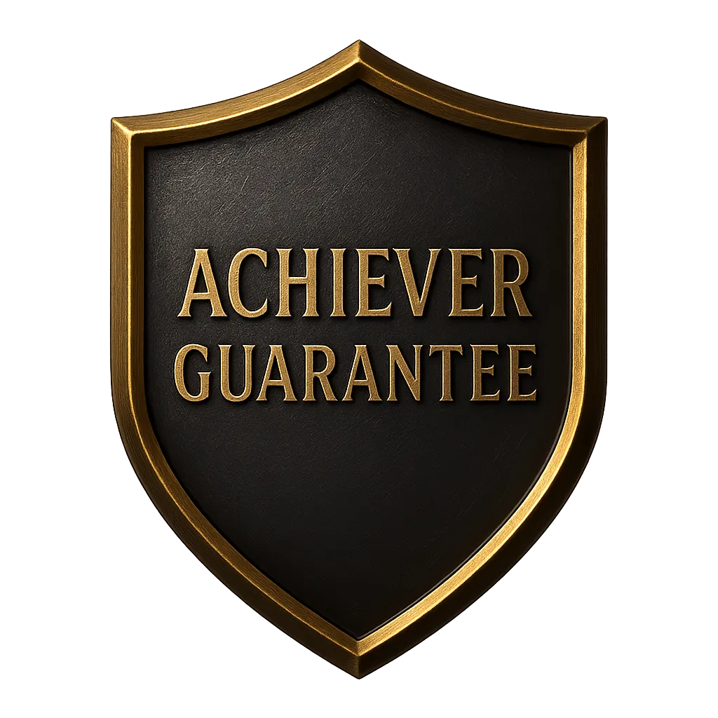 Abstract metallic trust shield cutout graphic with ACHIEVER GUARANTEE text integrated