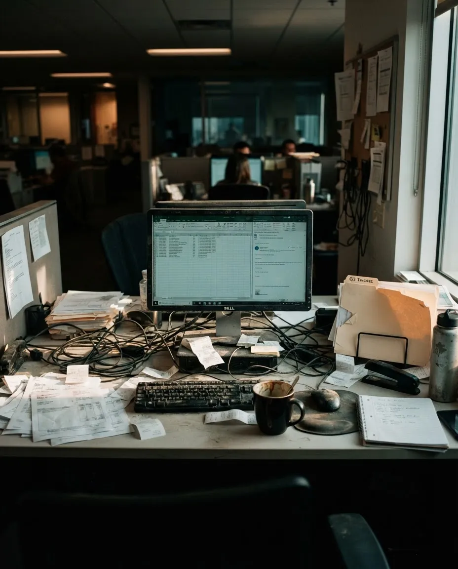 A commercial office workstation cluttered with tangled cords, dust, and disorganized paperwork illustrating workplace neglect
