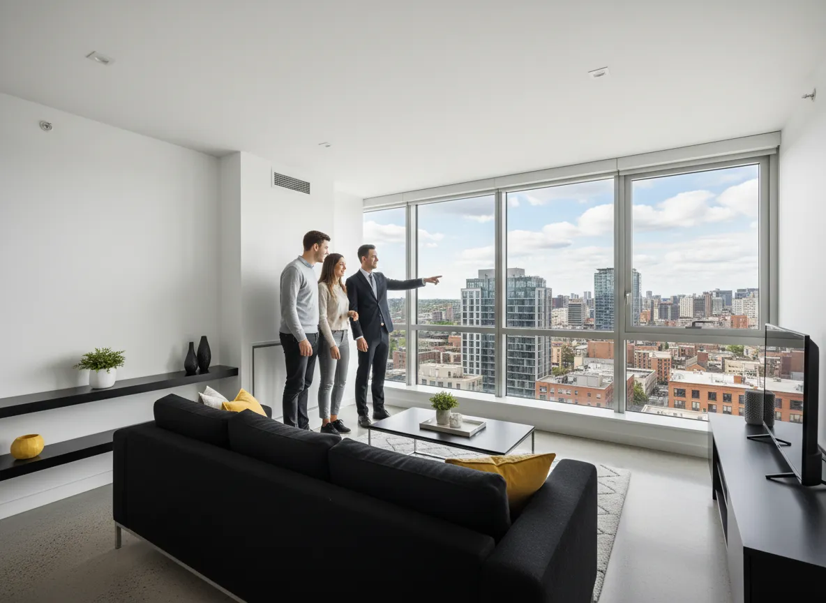 Satılık daireleri gezen aile ve emlak danışmanı