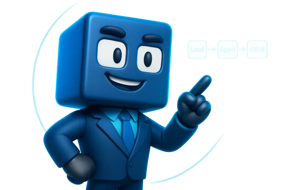 SUPER QUBE maskot ukazuje dashboard a AI workflow