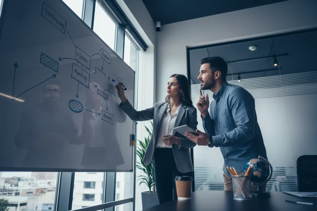 Equipo desarrollando una estrategia digital en pantallas colaborativas