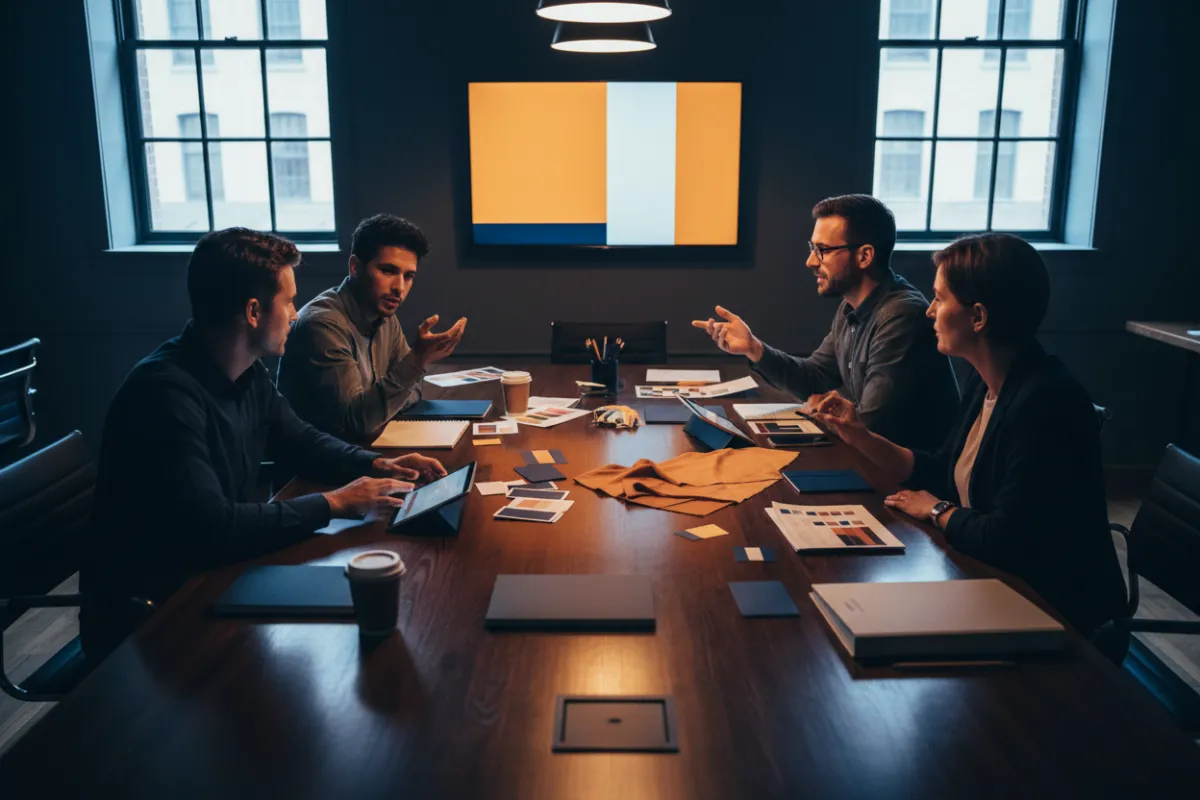 Empresarios revisando materiales de identidad de marca moderna
