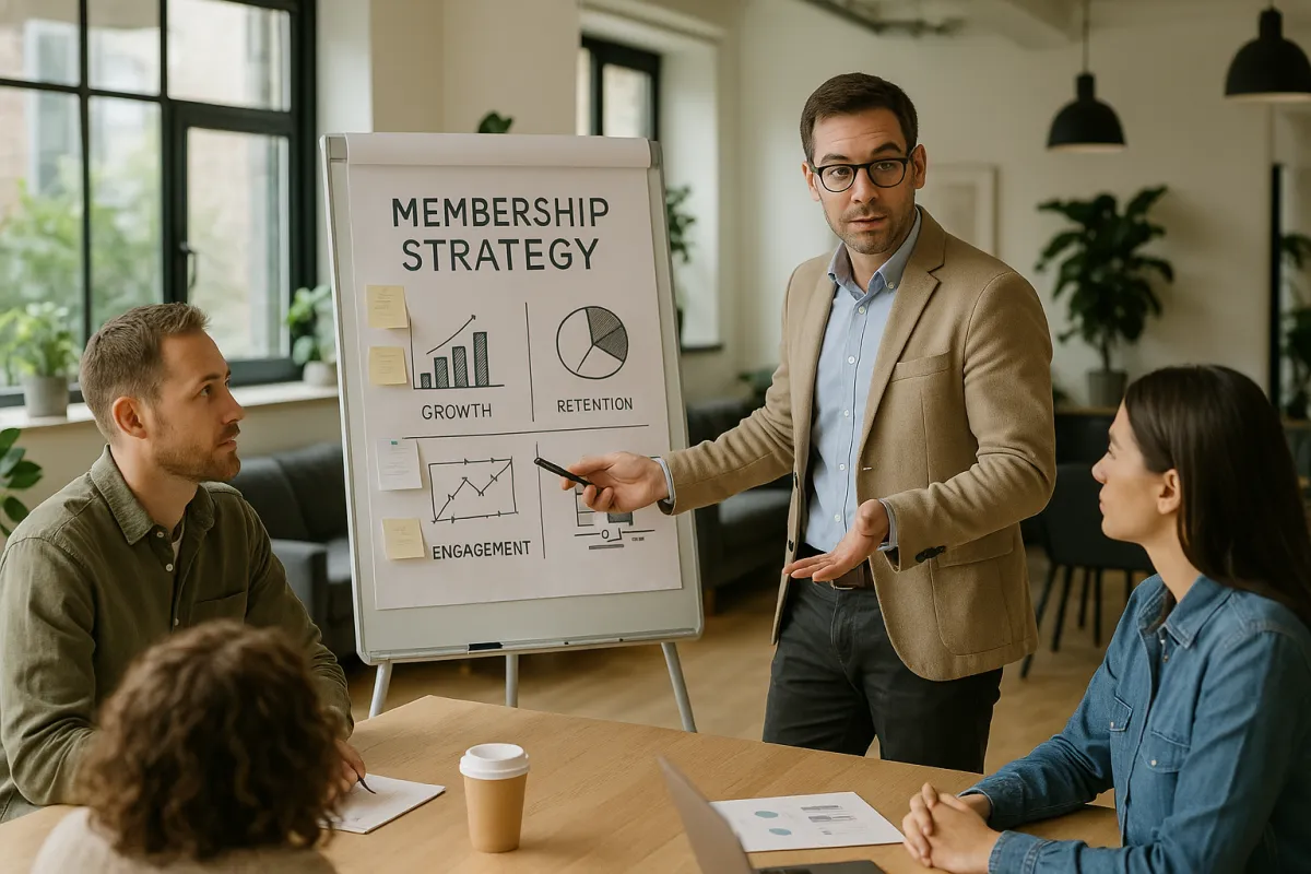 Consultant explaining membership strategy to a small group in a modern coworking space