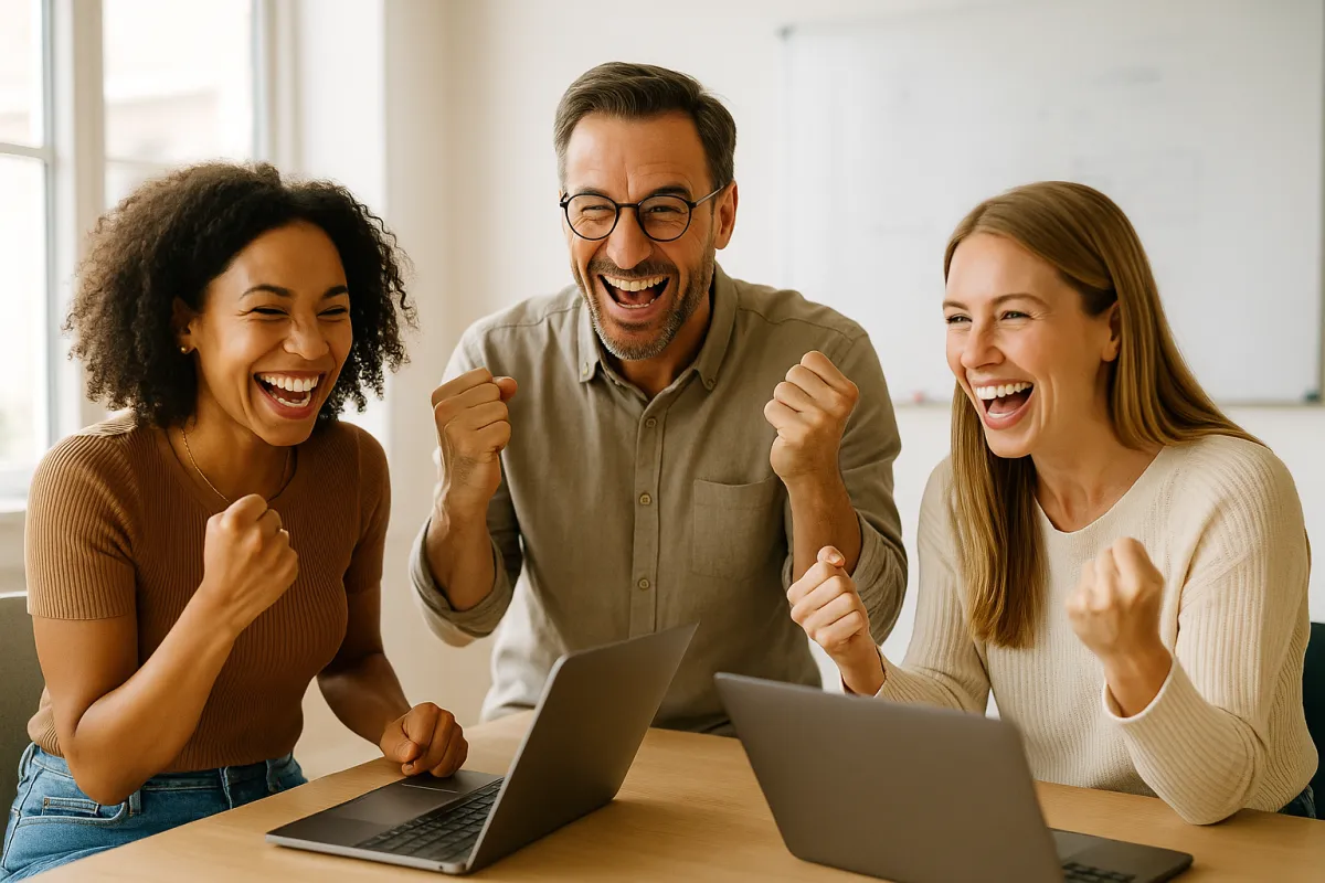 Three coaches celebrating a successful community launch in a modern studio.