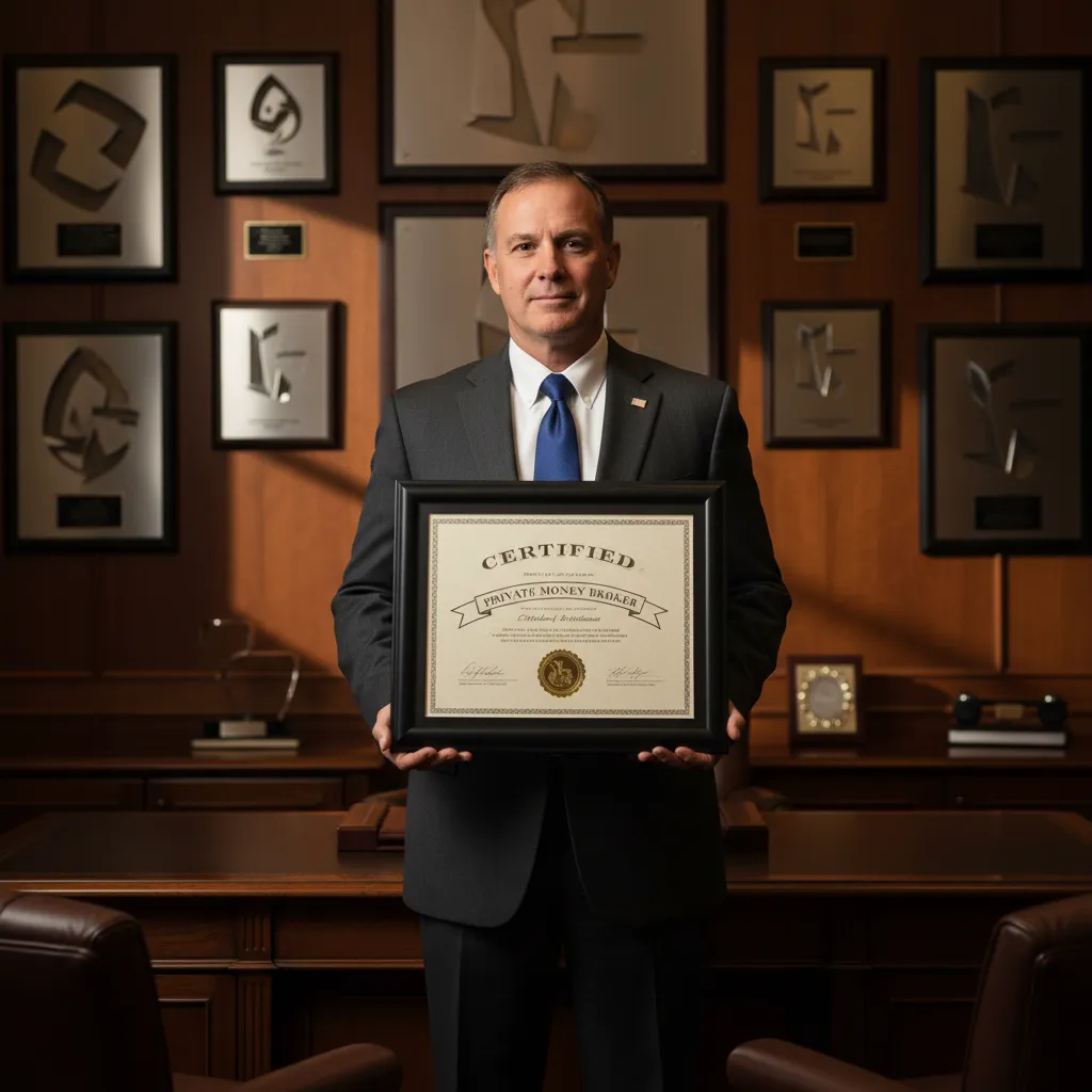 Certified private money broker holding a framed certification, standing in front of a wall of industry awards, warm lighting, 1:1 aspect ratio