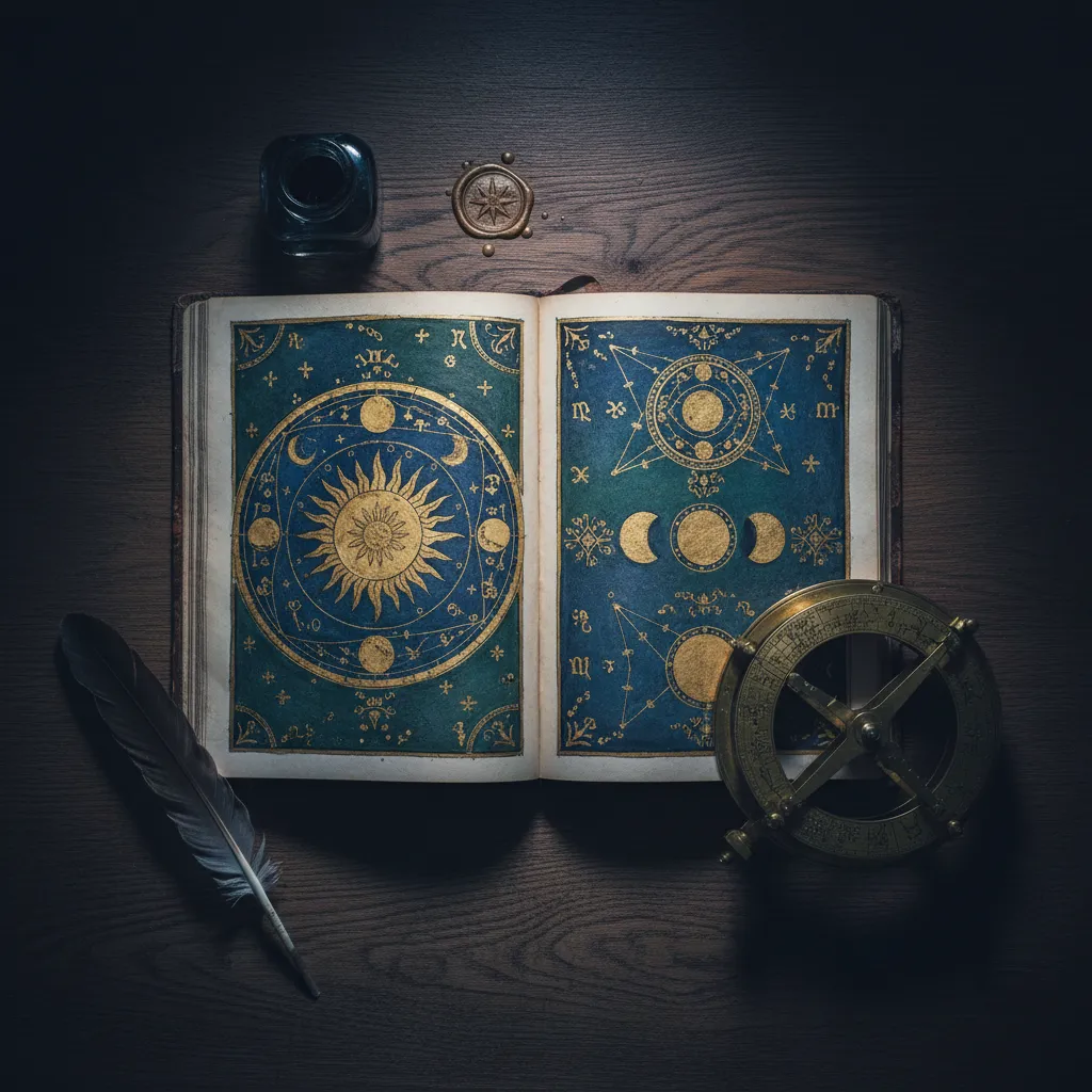 Mesa con manuscrito abierto ilustrado detallado