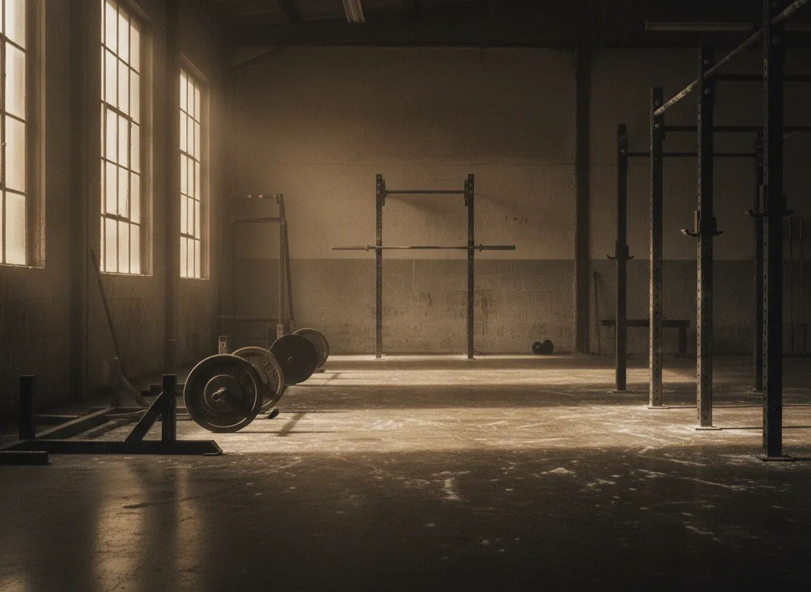 Gritty Memphis gym with concrete floors, rusty bars, and chalk dust