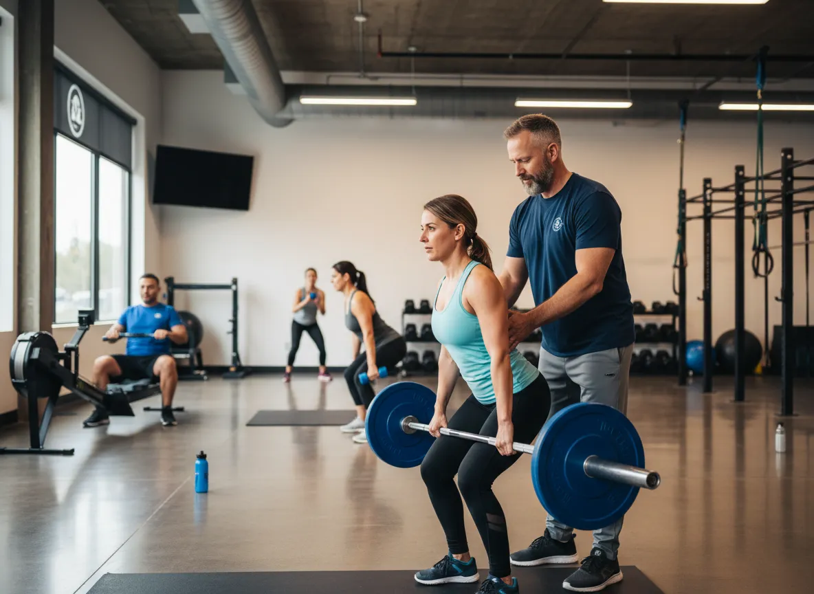 Coach guiding a client through strength training at Fit 901 in Memphis
