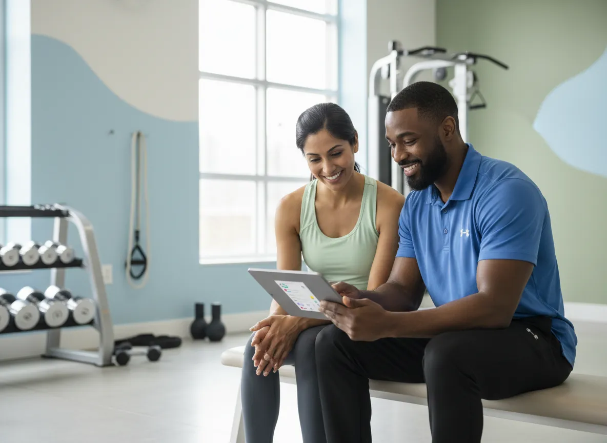 Coach and client reviewing physician-led weight loss plan at Fit 901 Memphis