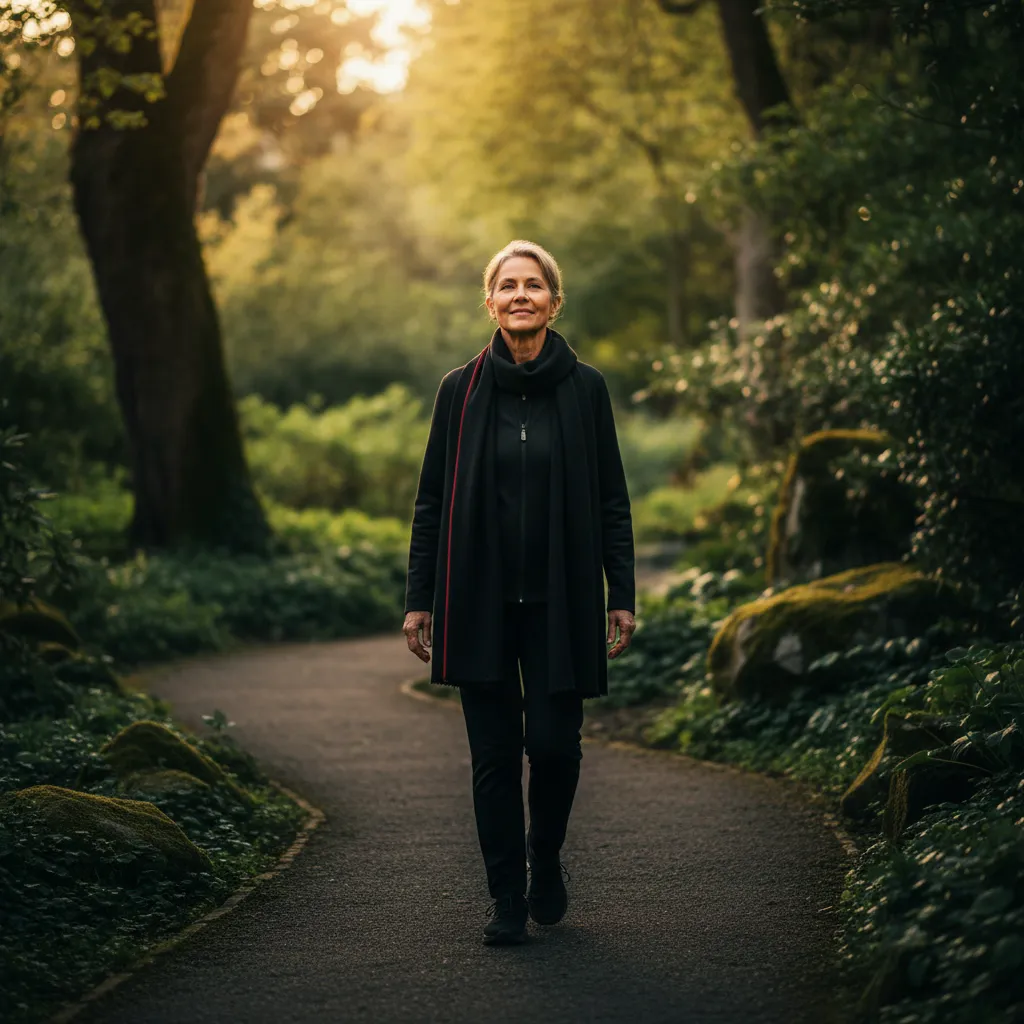 A minimalist, documentary-style portrait of a healthy adult walking outdoors, focused on mobility and vitality