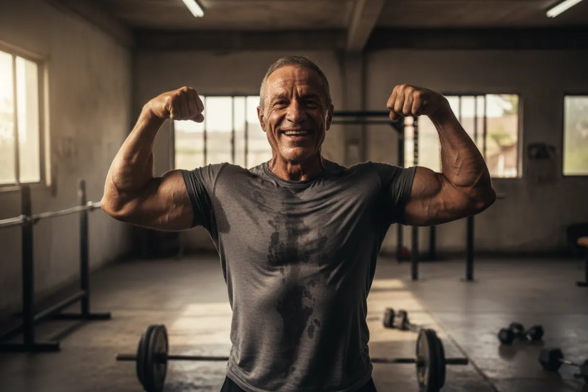 Middle aged man in great shape flexing in warehouse gym.