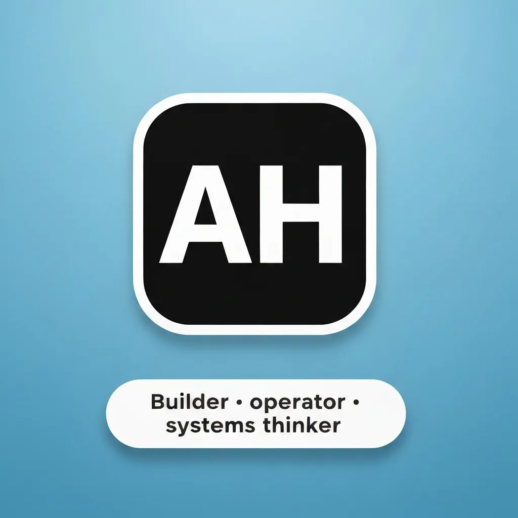 A black rounded square containing the white letters 'AH', centered on a pale blue grid background. At the bottom of the grid is a white pill-shaped badge reading 'Builder · operator · systems thinker'.