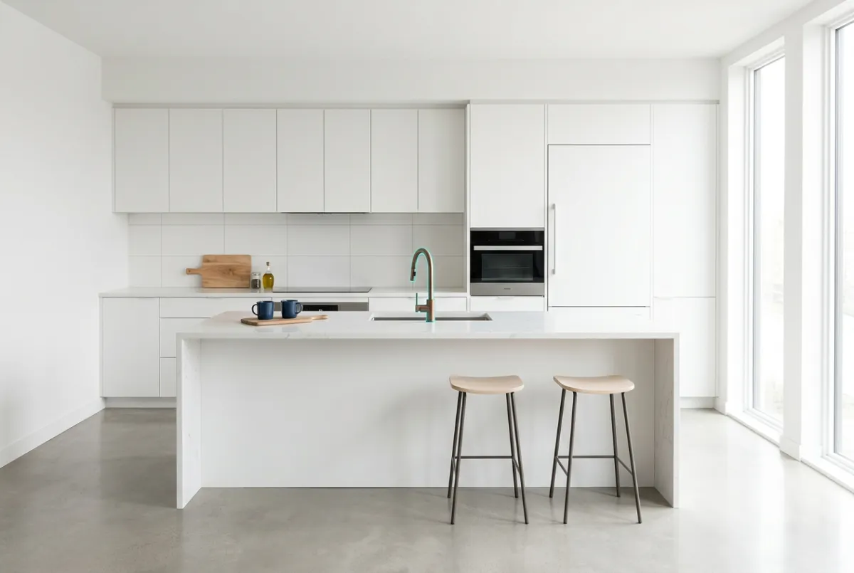 Modern white oasis kitchen remodel with quartz waterfall island and custom minimalist cabinetry