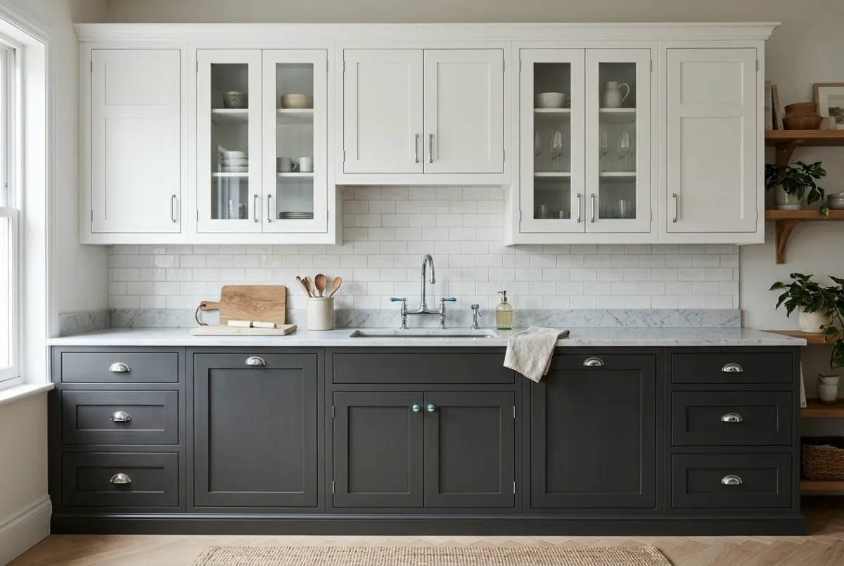 Classic two-tone kitchen renovation with charcoal base cabinets and crisp white upper storage