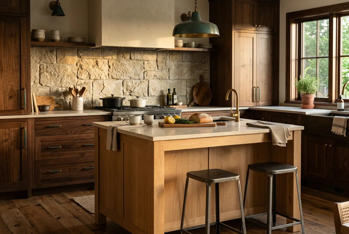 Warm wood and natural stone kitchen remodel featuring custom white oak island and quartzite backsplashes