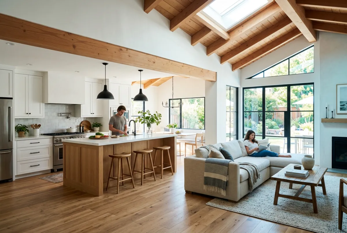Bright and airy open concept kitchen renovation with vaulted ceiling and natural lighting