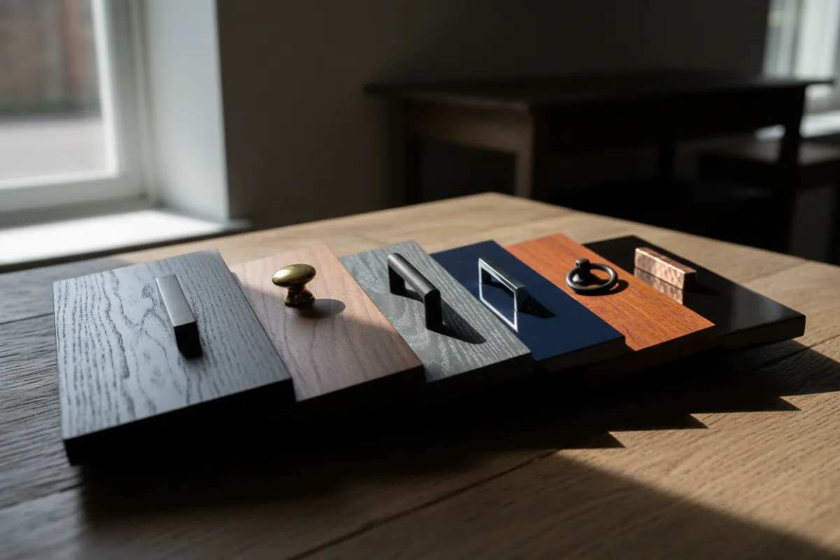 Designer and homeowner reviewing a kitchen 3D rendering on a tablet at a bright table with samples and swatches scattered.