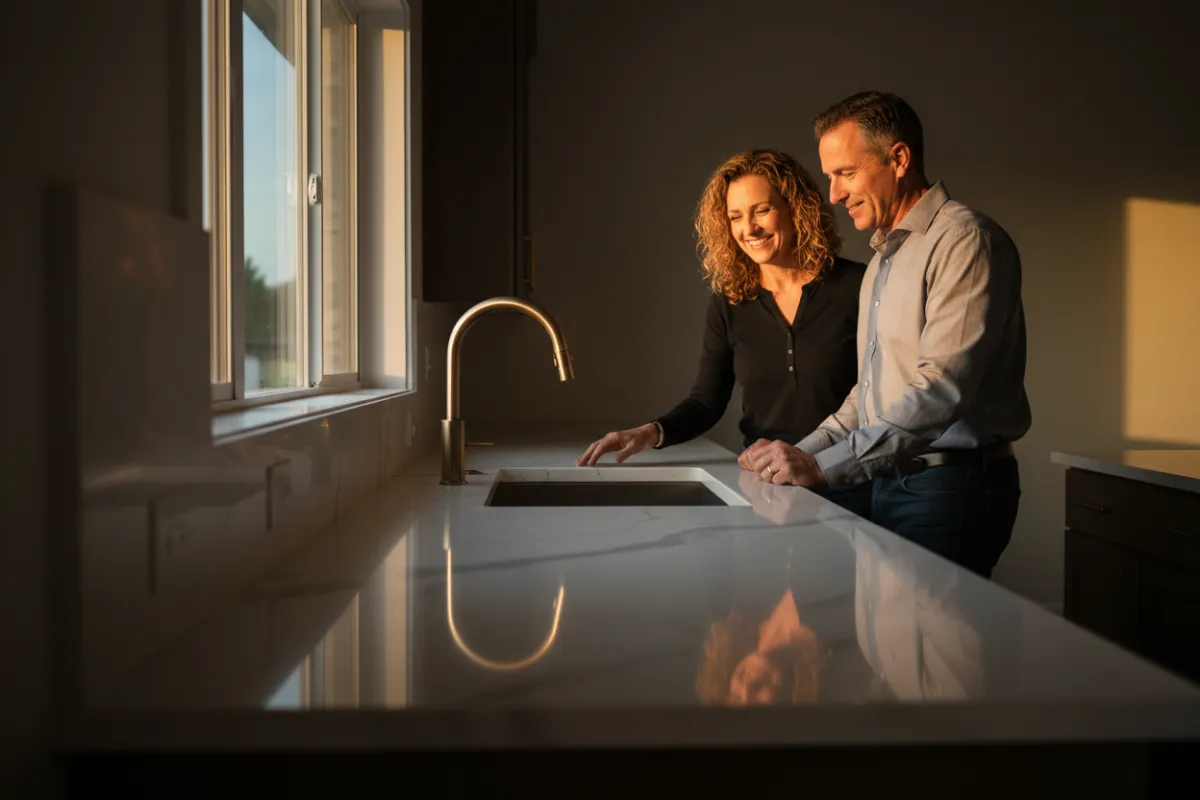Designer and homeowner reviewing a kitchen 3D rendering on a tablet at a bright table with samples and swatches scattered.