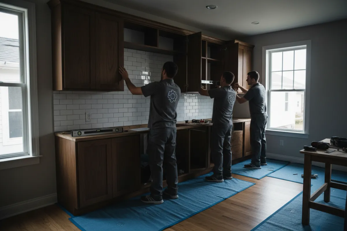 Designer and homeowner reviewing a kitchen 3D rendering on a tablet at a bright table with samples and swatches scattered.