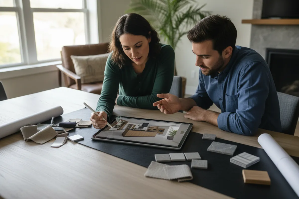 Designer and homeowner reviewing a kitchen 3D rendering on a tablet at a bright table with samples and swatches scattered.