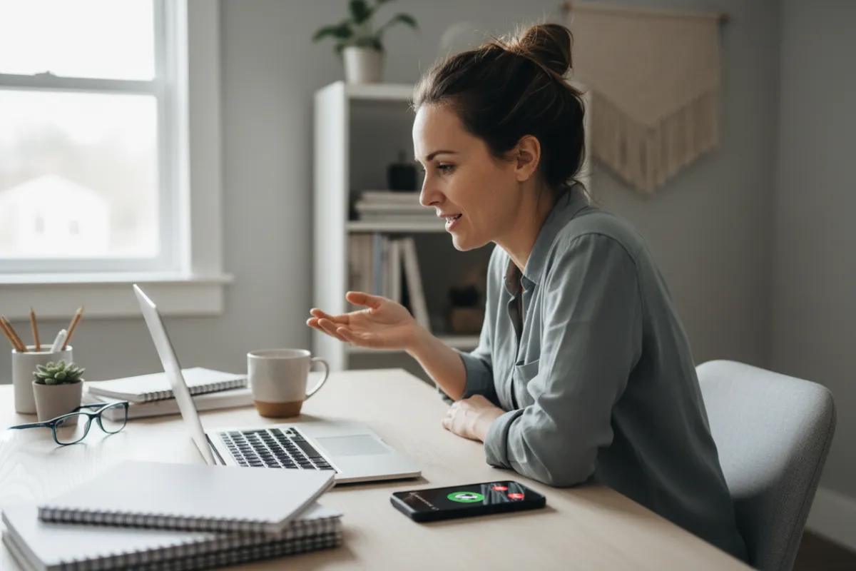Candid photorealistic photograph of a small business owner seated at a desk mid-video call, glancing at a phone showing an incoming call; modern minimal workspace with laptop, notebook, pen, and coffee cup; bright even daylight, neutral tones, minimal shadows, photographic and realistic, matching the Speciaal voor card style