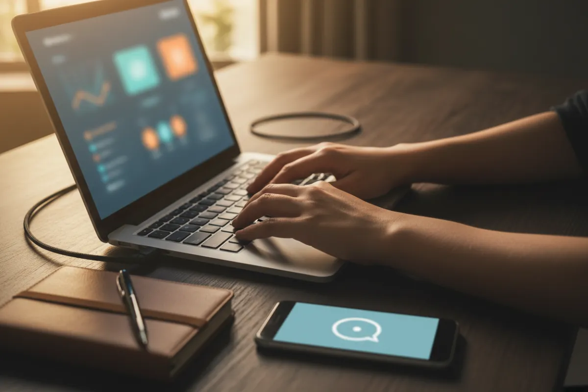 Photorealistic close-up desk scene shot from a slight angle showing a laptop with a blurred dashboard or graph on the screen and a smartphone displaying a generic chat bubble icon next to it; warm ambient lighting, dark wood desk surface, visible charging cable and notebook, shallow depth of field, no faces or readable text, landscape 3:2.