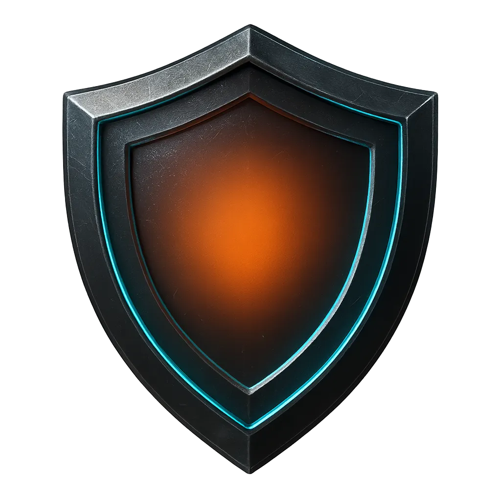 Cybernetic 3D safe shopping guarantee shield with glowing neon orange and teal power cores