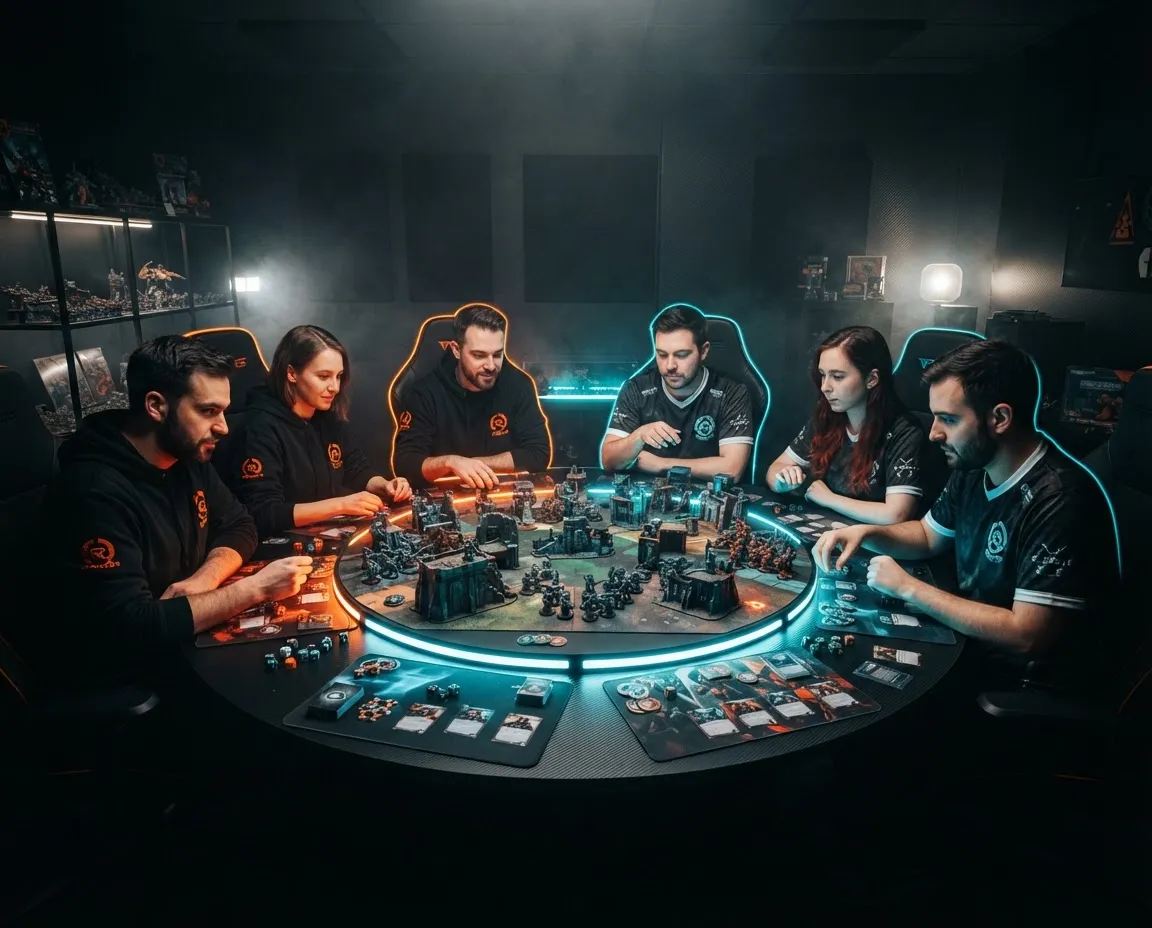 Games 4 Life competitive guild gathering around illuminated tabletop battlefield with neon orange and teal rim lighting