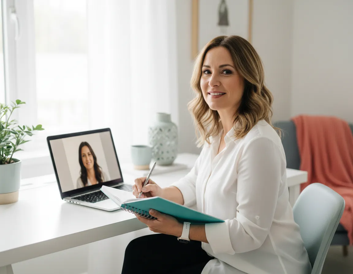 Professional woman smiling, writing notes during an online coaching session