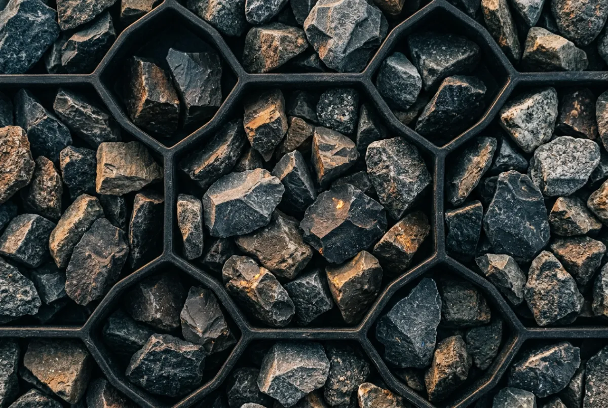 Macro texture of angular aggregate gravel locked within cellular stabilization grid