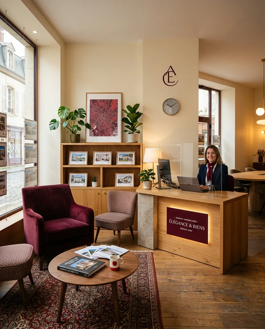 Espace de réception chaleureux et élégant de l'agence immobilière Groupe Ometim